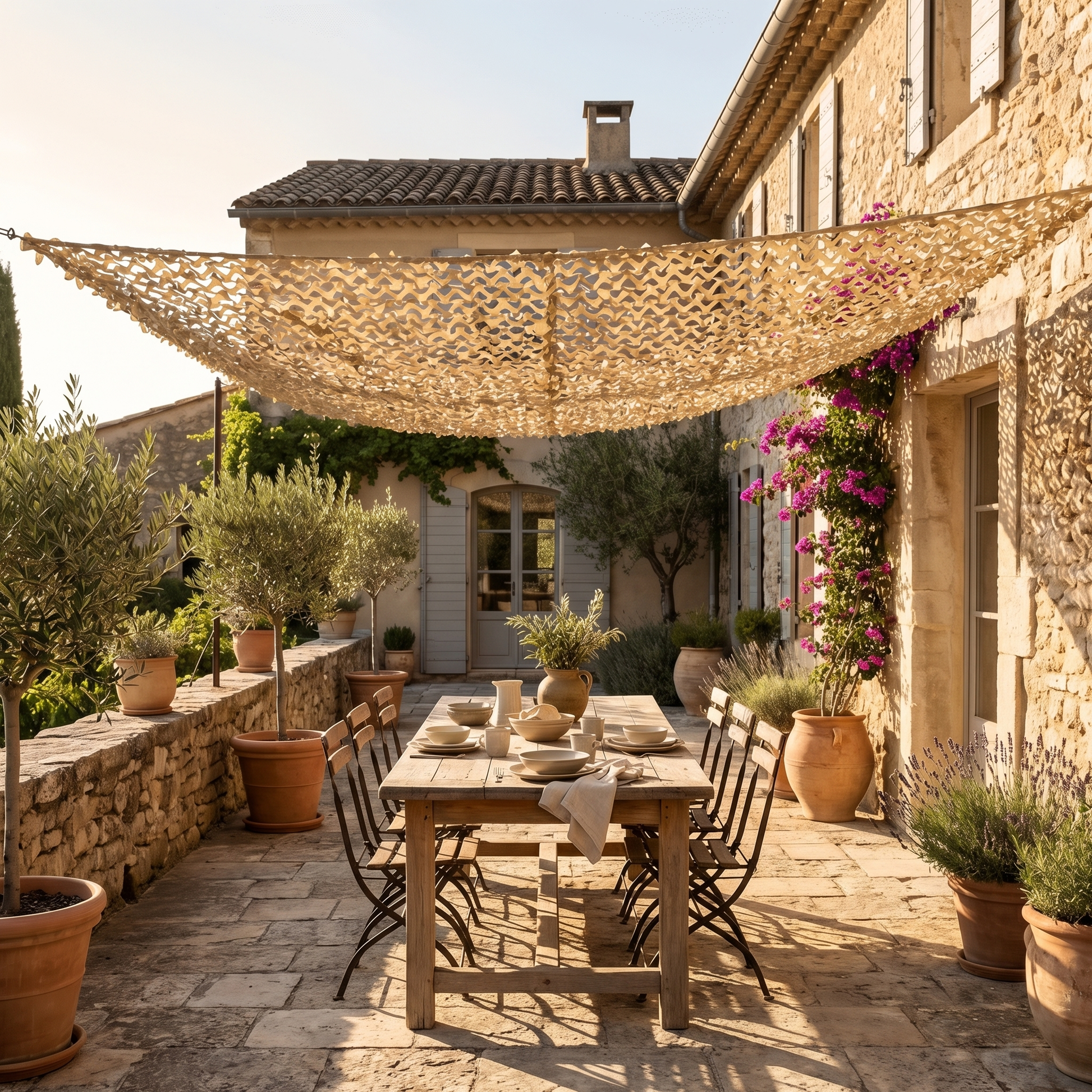 Malla de camuflaje reforzada con cable de acero para pérgola - Instalación permanente