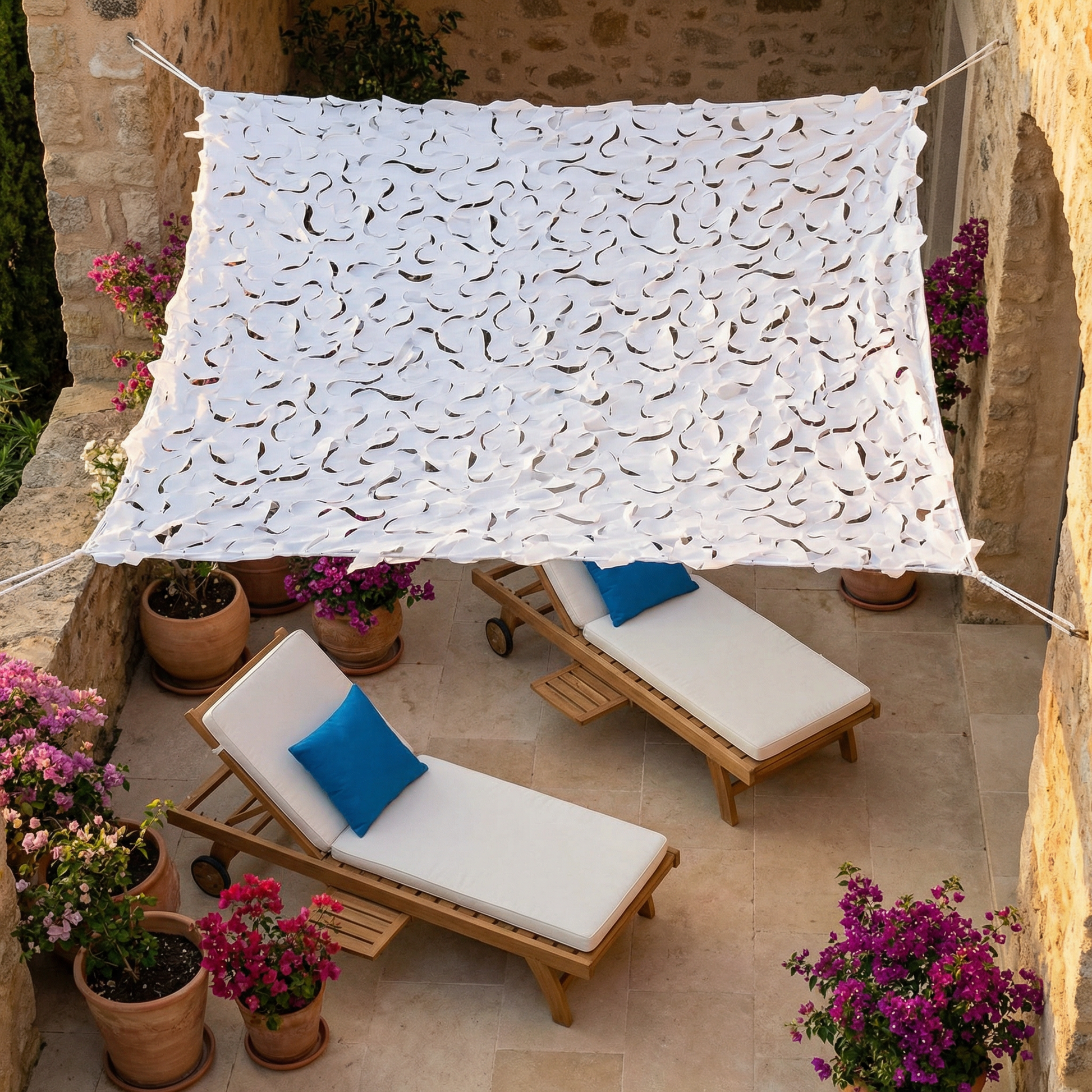 Malla de camuflaje reforzada blanca para terraza y pérgola - Sombra luminosa