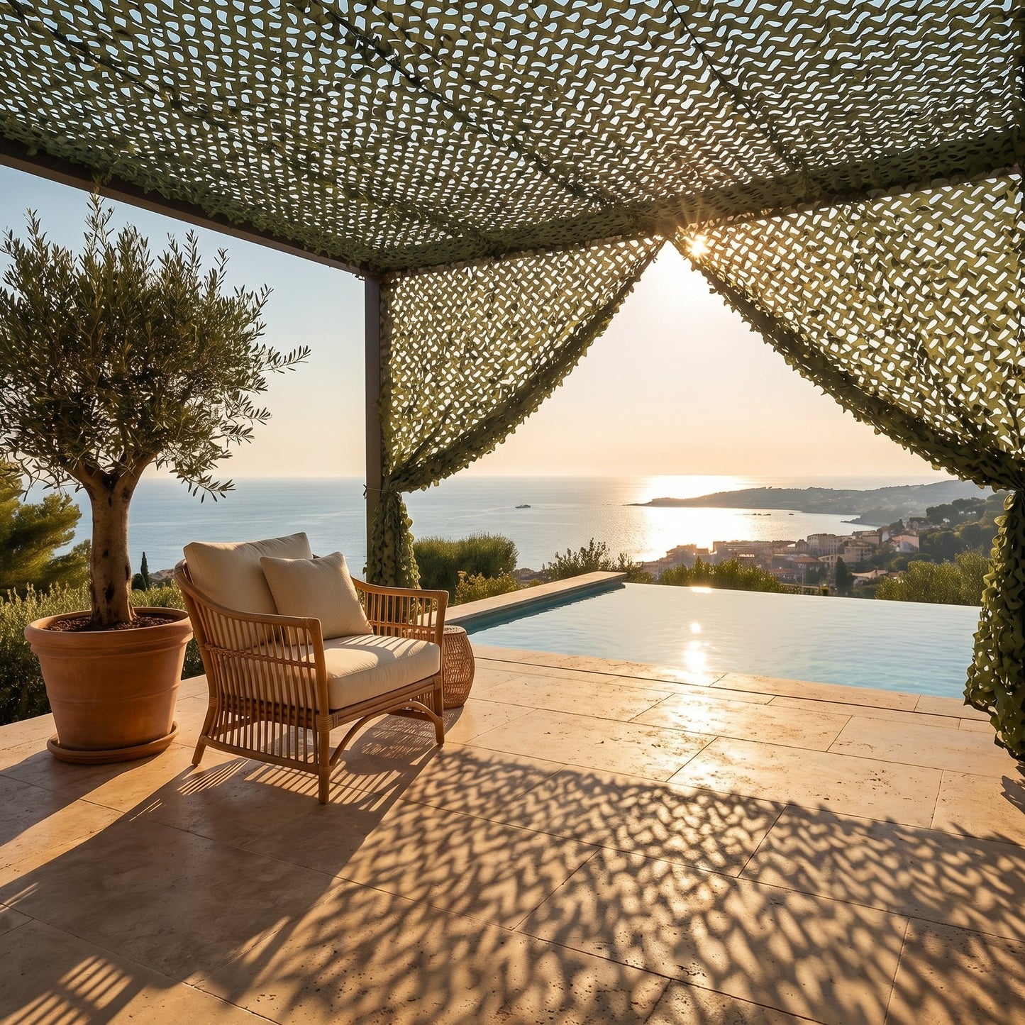 Cortina de malla de camuflaje para terraza y pérgola - Separación transpirable en 7 colores