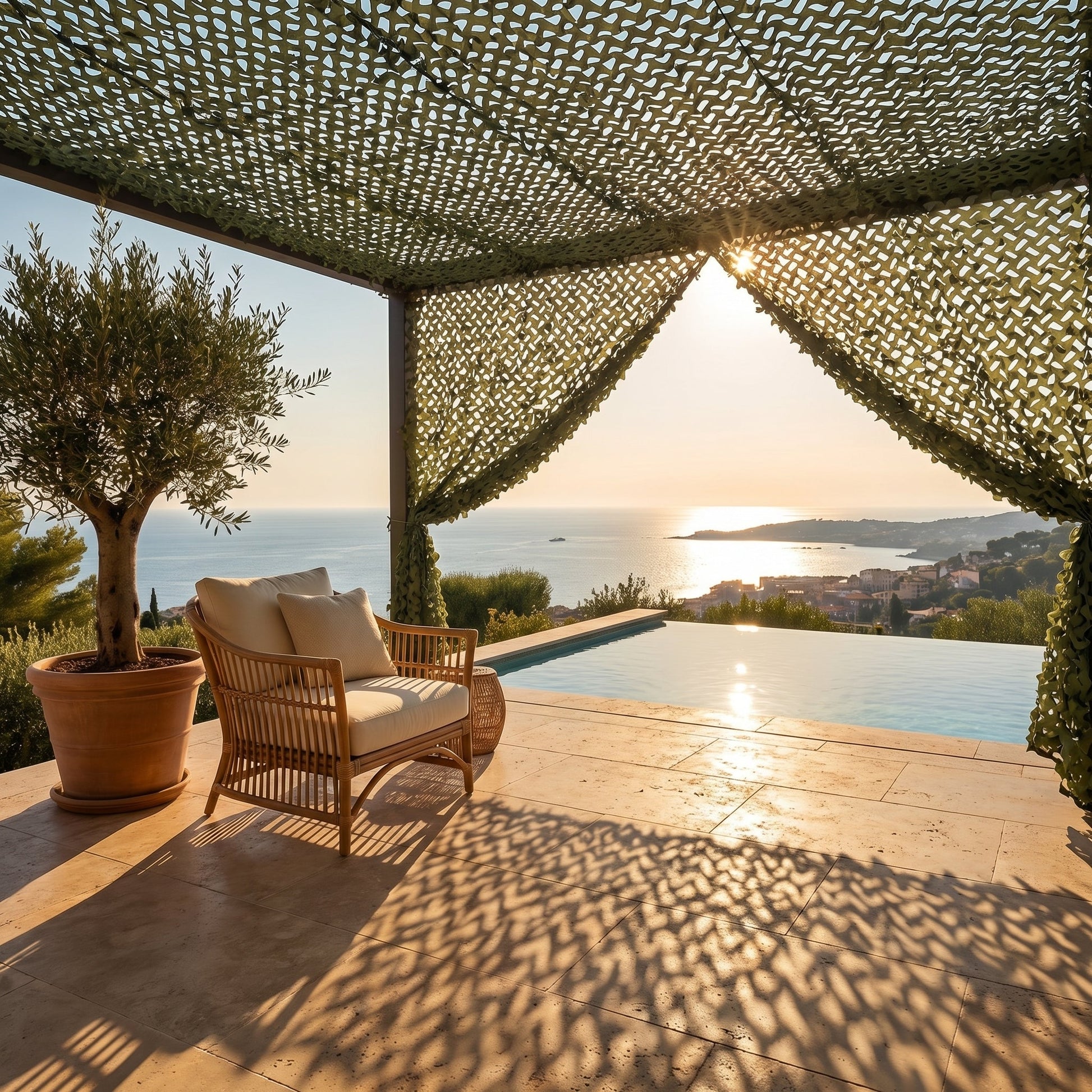Cortina de malla de camuflaje para terraza y pérgola - Separación transpirable en 7 colores