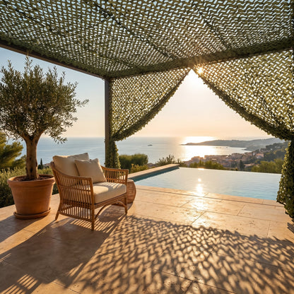 Cortina de malla de camuflaje para terraza y pérgola - Separación transpirable en 7 colores