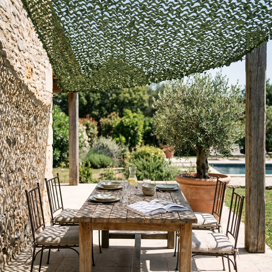 Malla de camuflaje triangular verde para jardín y terraza arbolada - Dosel en ángulo