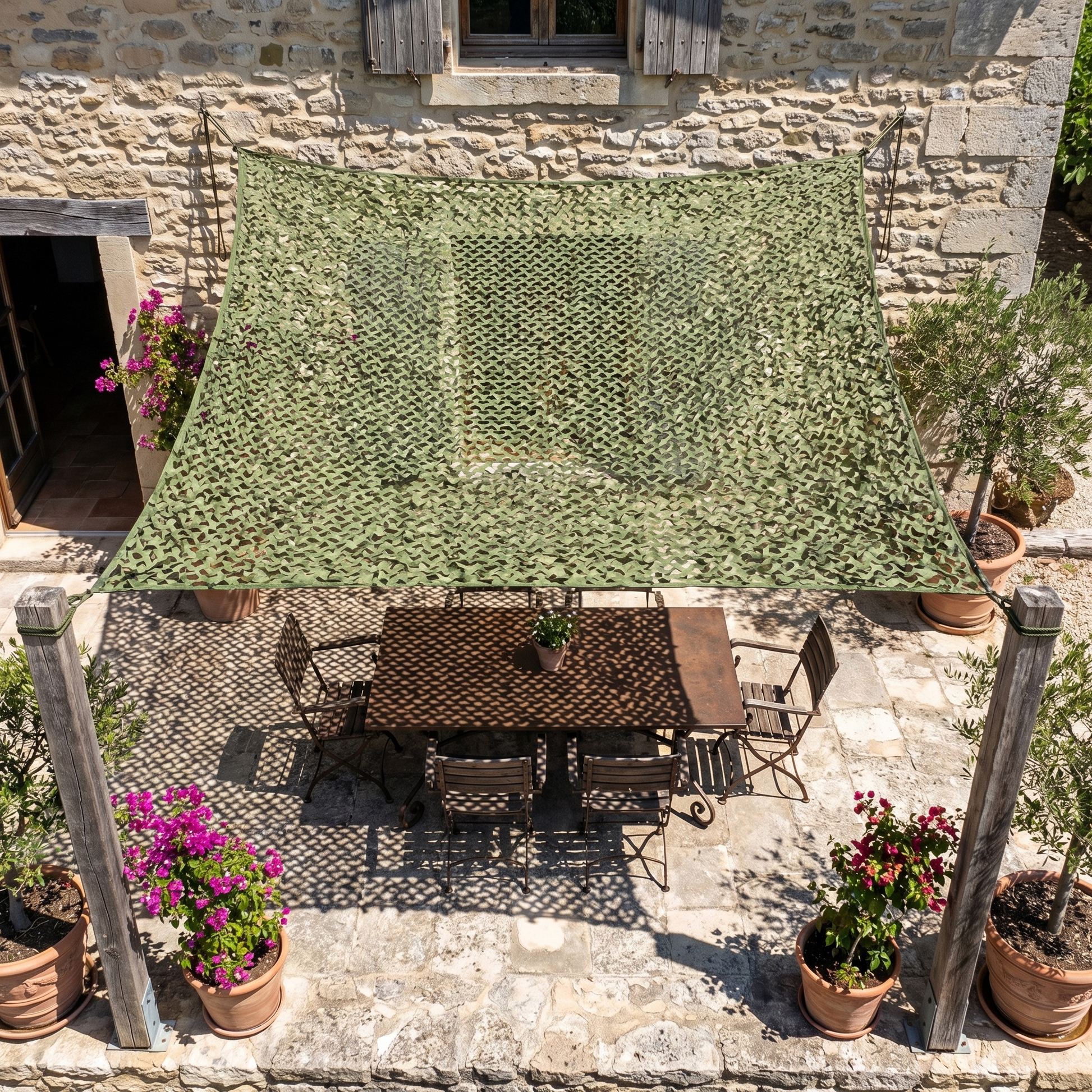 Malla de camuflaje reforzada verde para terraza y jardín arbolado - Dosel natural