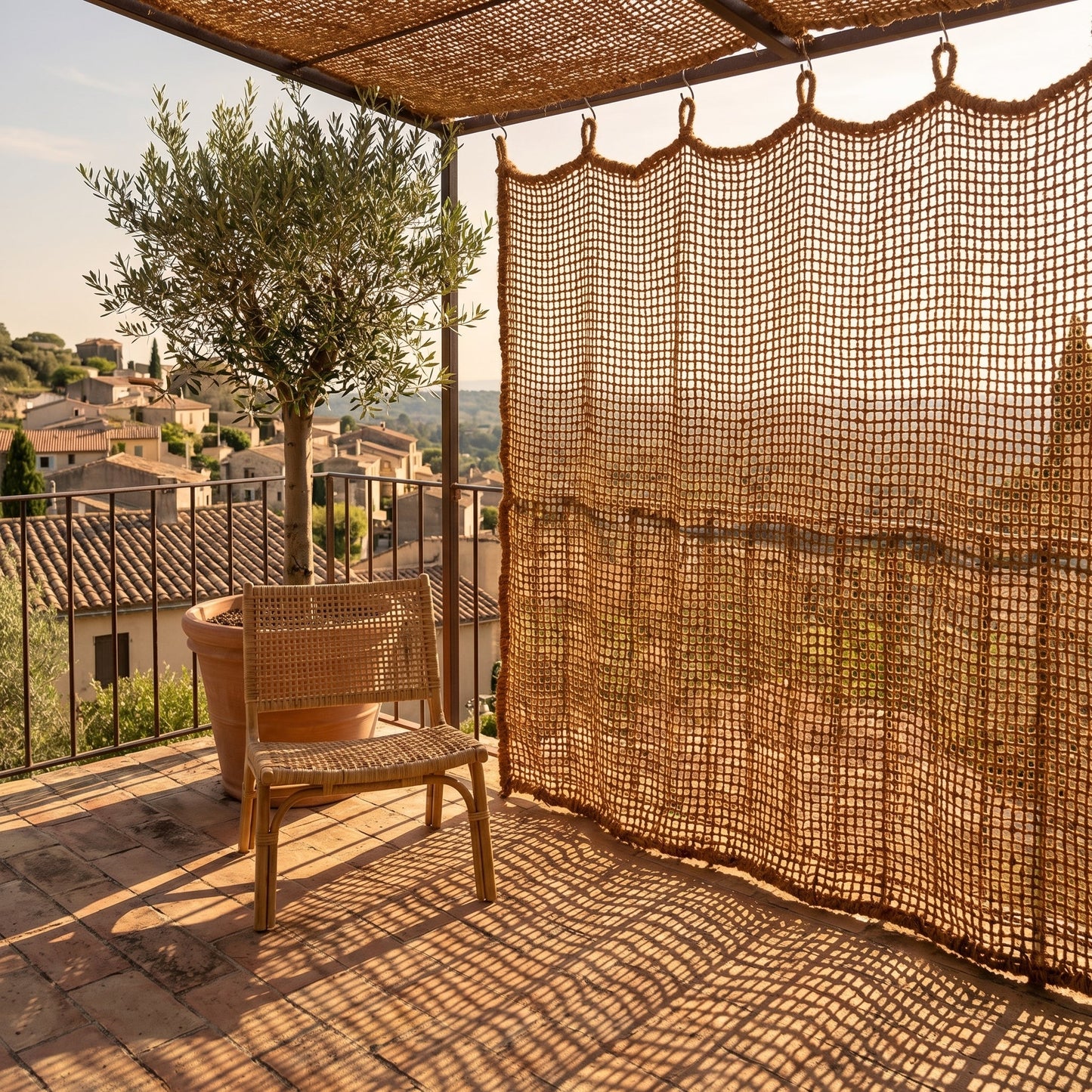 Cortina de fibra de coco natural para terraza y pérgola - Cortavistas vegetal