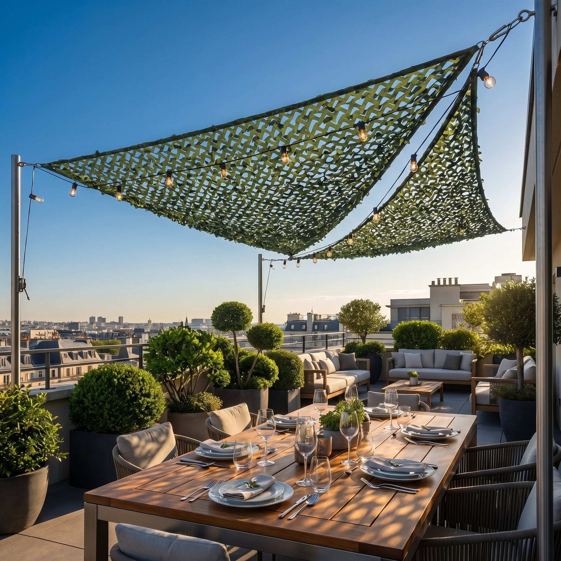 Malla de camuflaje triangular verde para jardín y terraza arbolada - Dosel en ángulo