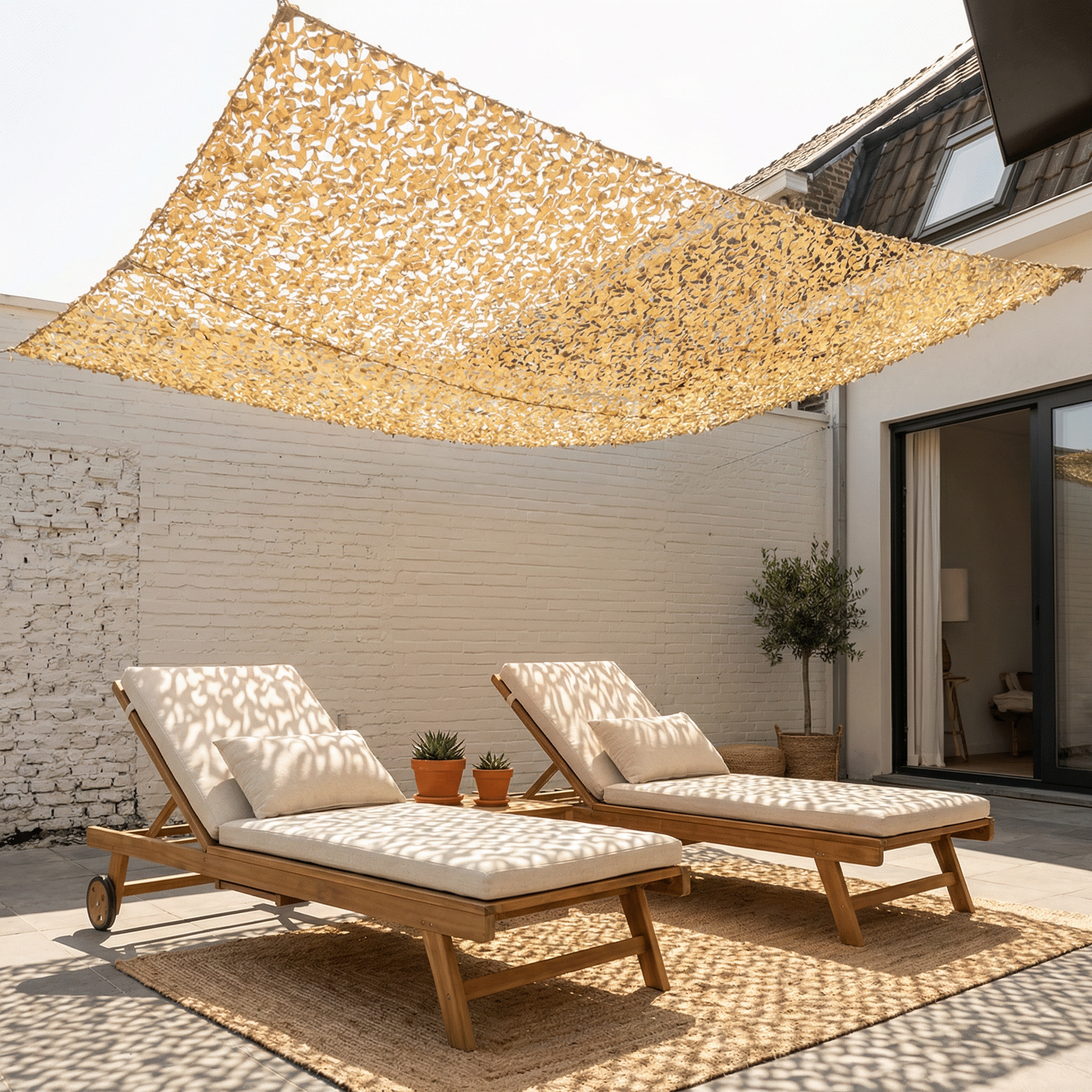 Malla de camuflaje reforzada con cable de acero para pérgola - Instalación permanente