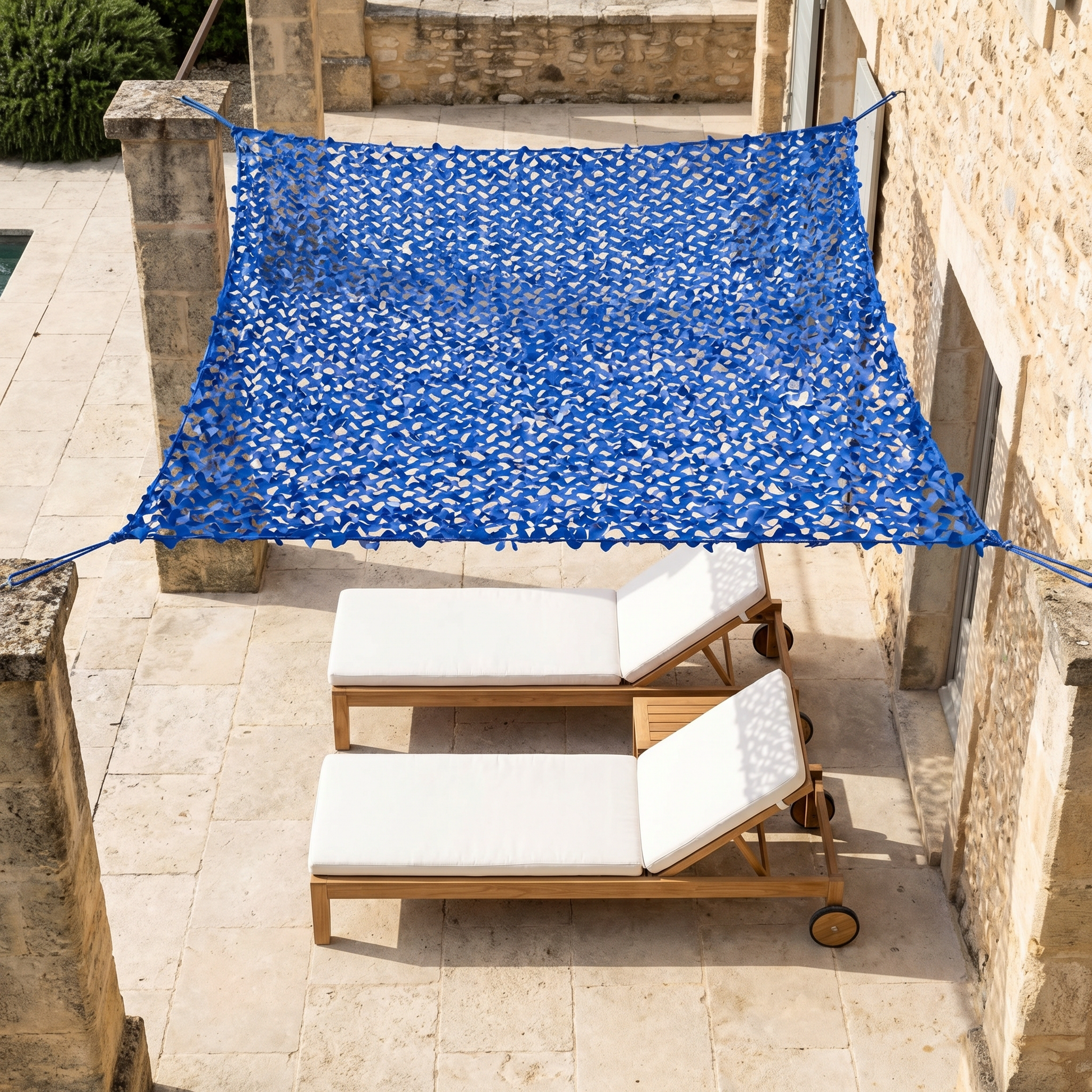 Malla de camuflaje reforzada azul para terraza y zona de piscina - Ambiente marinero