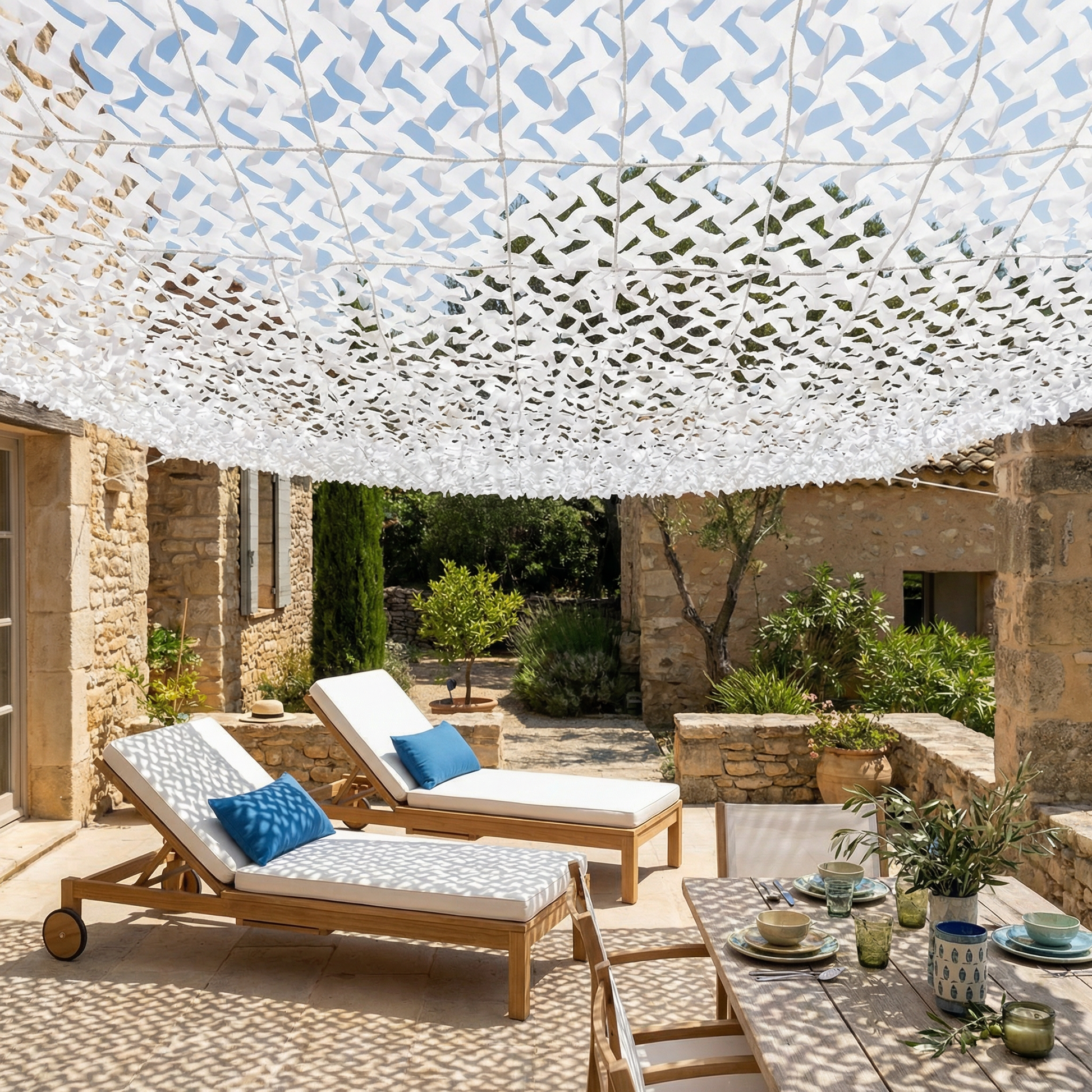 Malla de camuflaje reforzada blanca para terraza y pérgola - Sombra luminosa