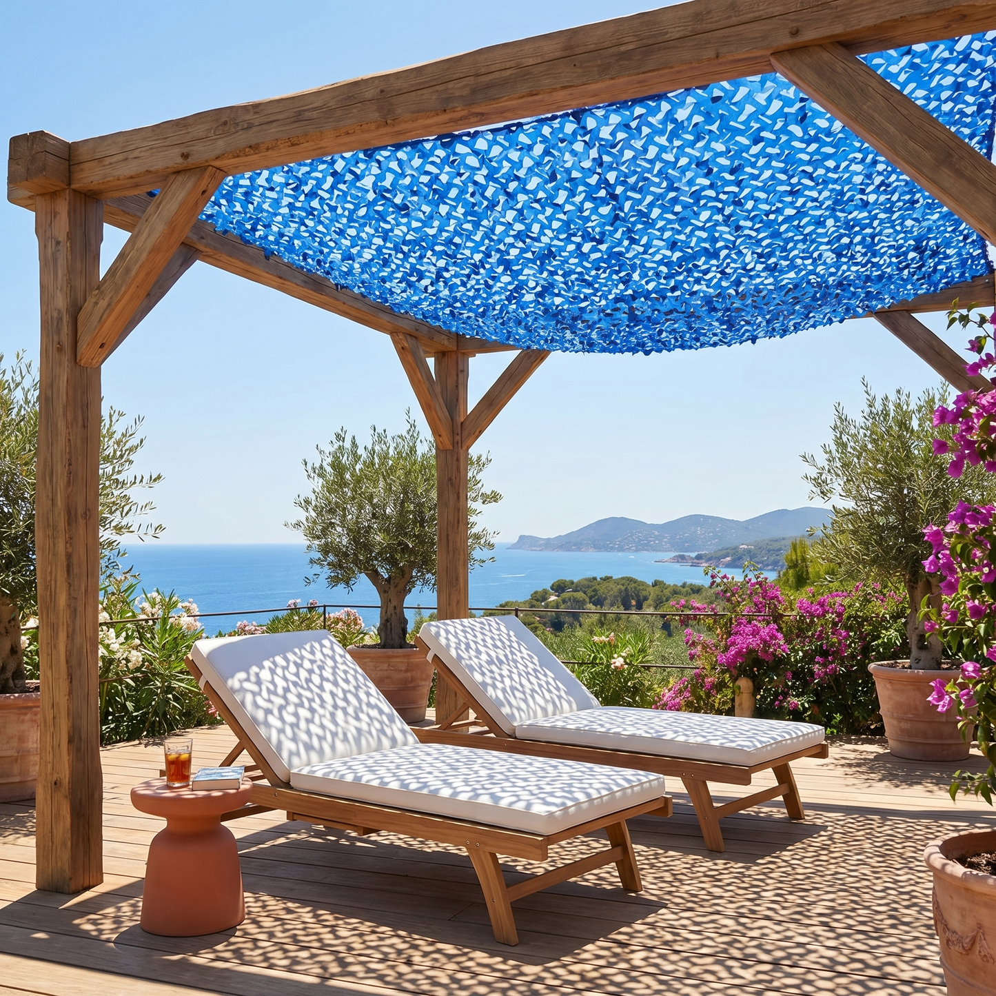 Malla de camuflaje reforzada azul para terraza y zona de piscina - Ambiente marinero