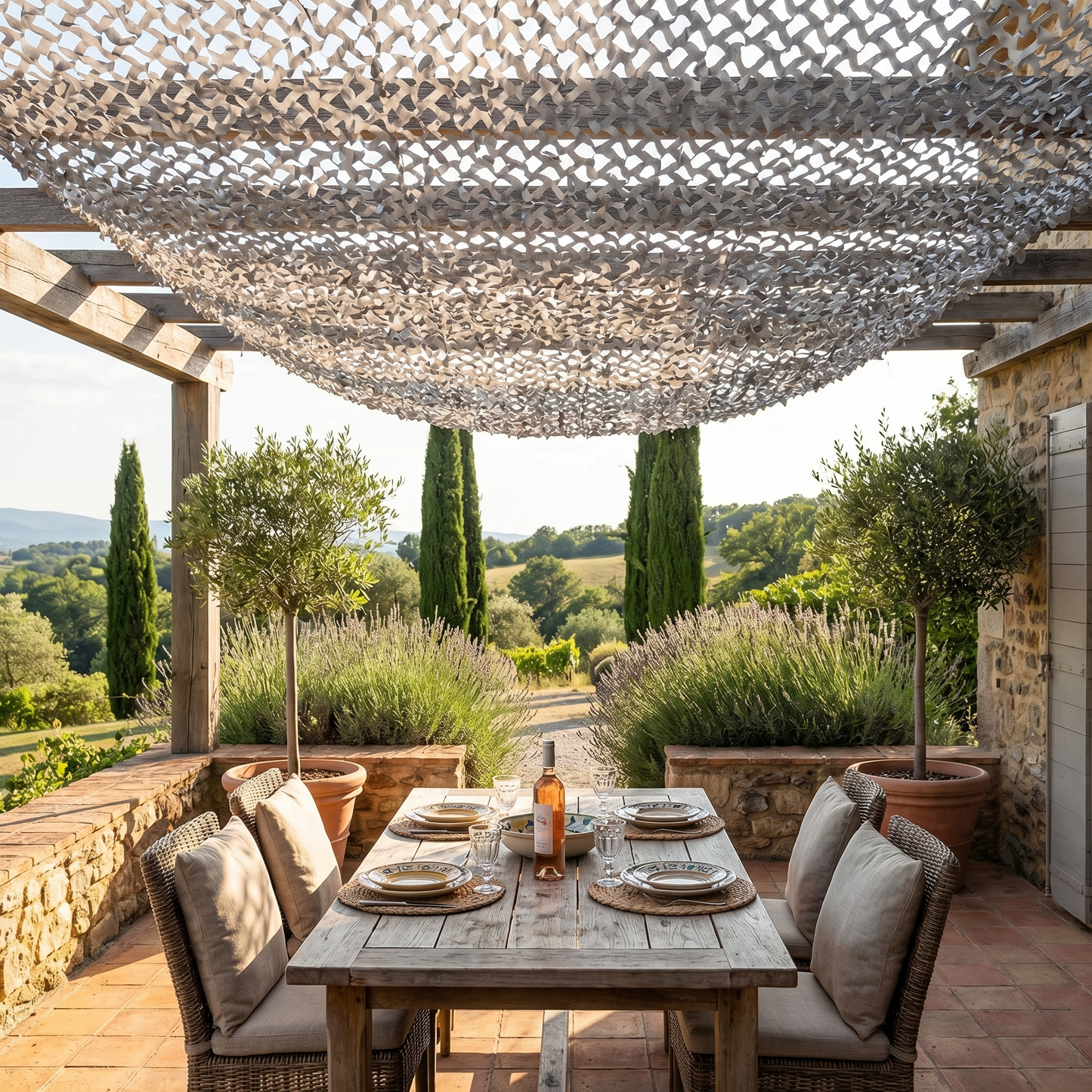 Malla de camuflaje reforzada gris antracita para terraza y pérgola - Estilo contemporáneo