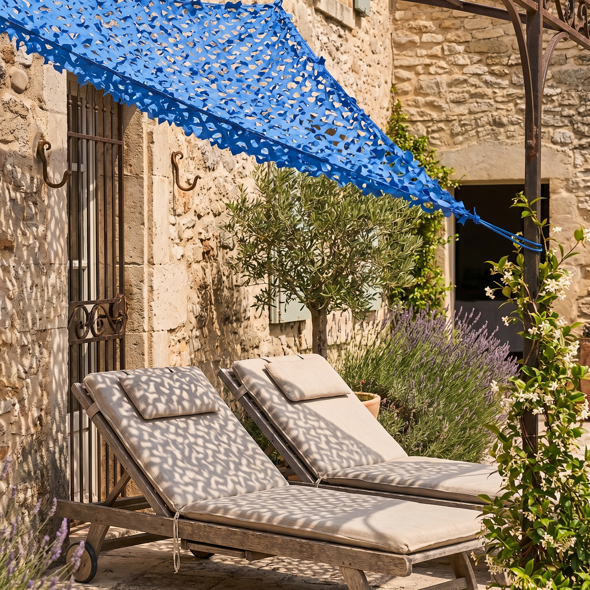 Malla de camuflaje triangular azul para terraza y zona de piscina - Ambiente marinero