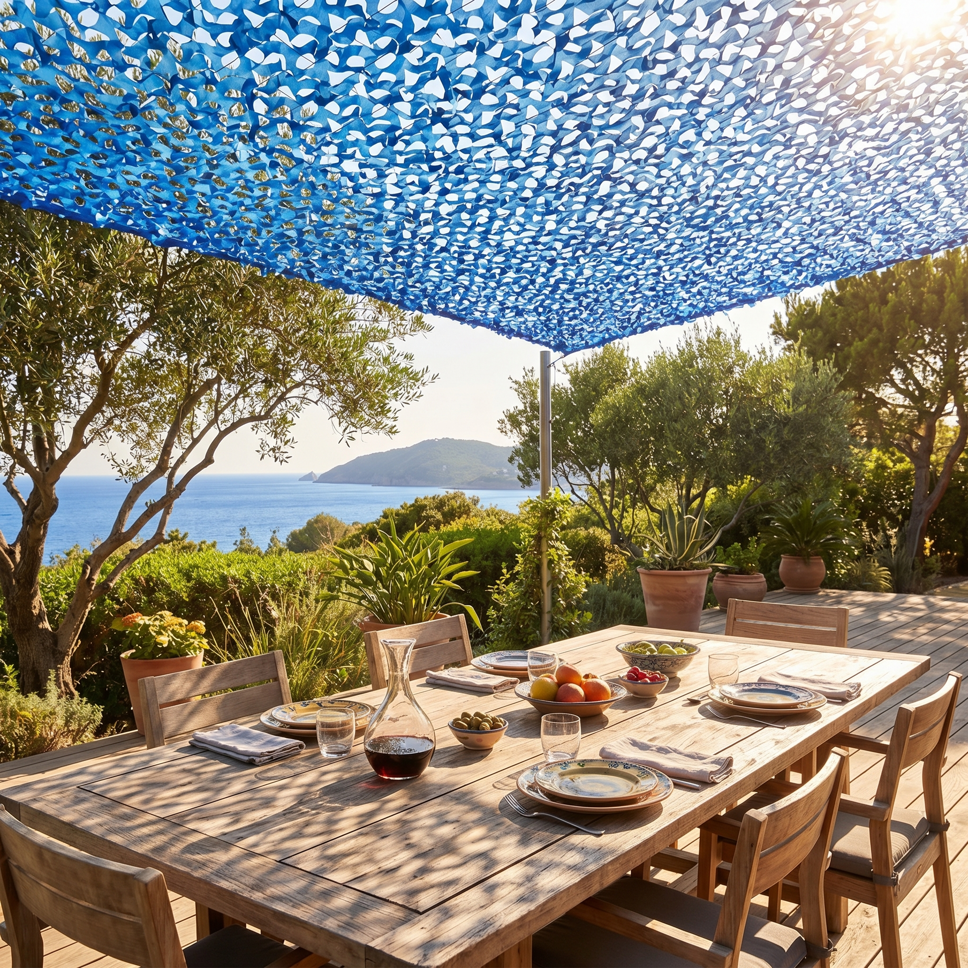 Malla de camuflaje reforzada azul para terraza y zona de piscina - Ambiente marinero