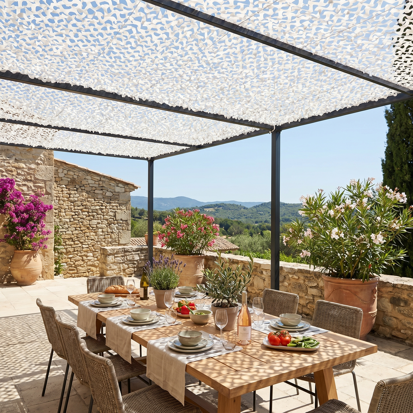 Malla de camuflaje reforzada blanca para terraza y pérgola - Sombra luminosa