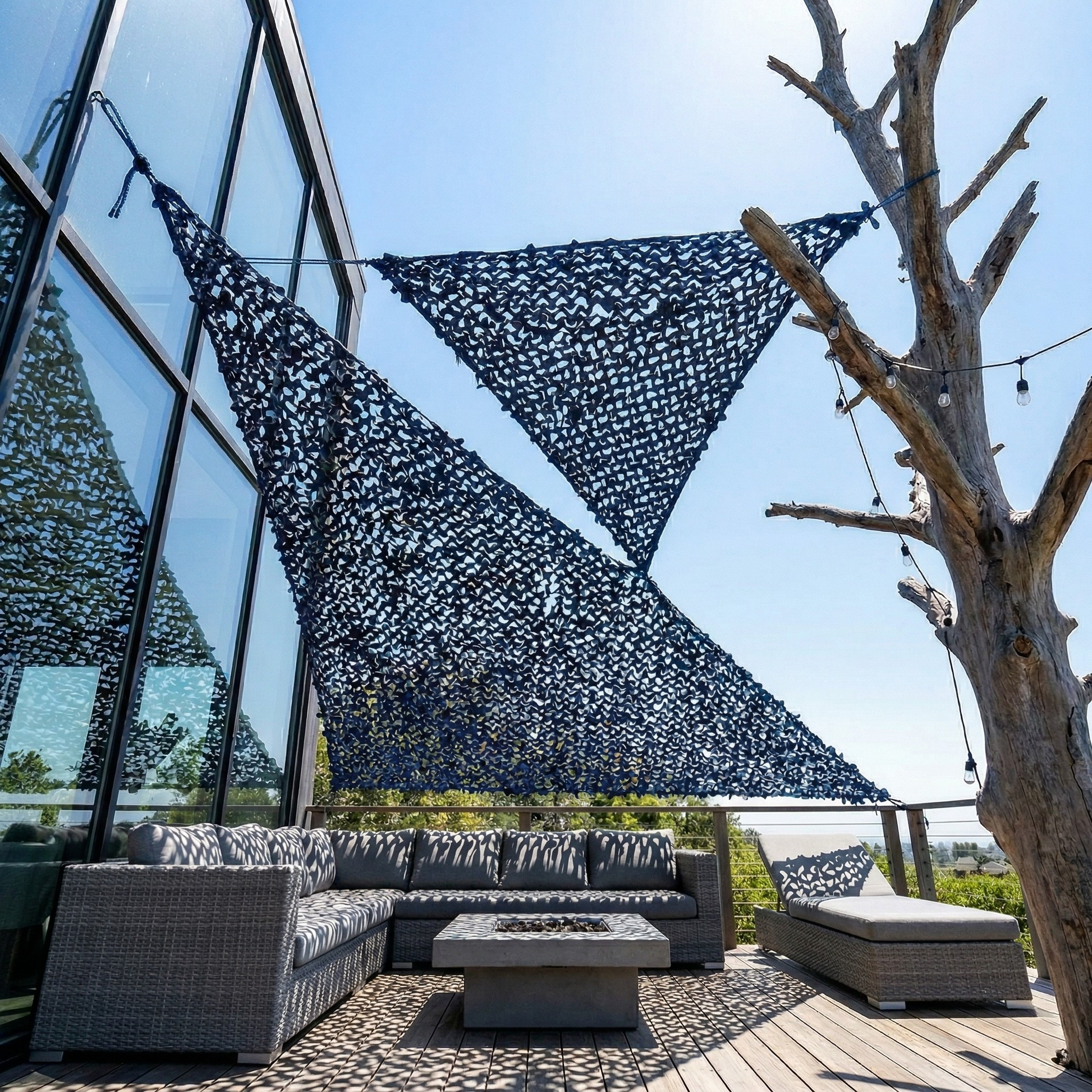 Malla de camuflaje triangular azul para terraza y zona de piscina - Ambiente marinero